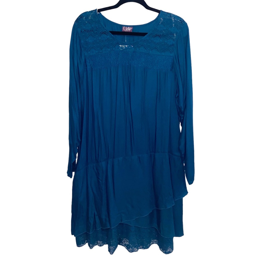 Coline Dress Womens XXL 2X Layered Lace Long Sleeve Boho Lagenlook Teal Blue New